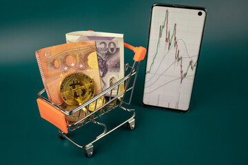 Gold Bitcoin and cash euro and pounds currency in mini trolley scene with mobile phone with line graph on turquoise background. Cryptocurrency exchange, trade concept