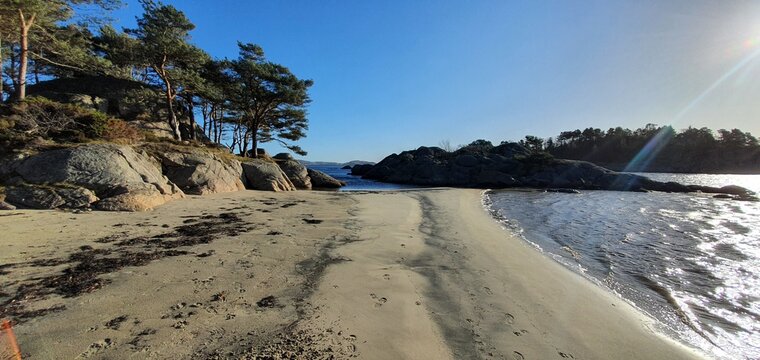 Coast line of southern Norway a sunny winters day in Mandal, Norway