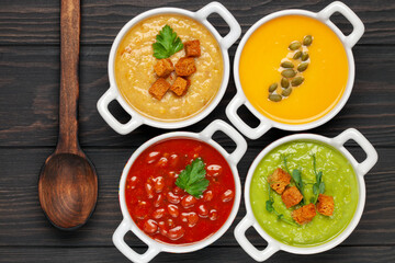 Set of vegetables soups. Pumpkin , green peas , lentil soup with ingredients. Dishes, food. Top view.
