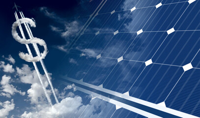 solar panels on blue sky and sun dollar usd currency save