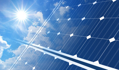 solar panels on blue sky and sun - obrazy, fototapety, plakaty