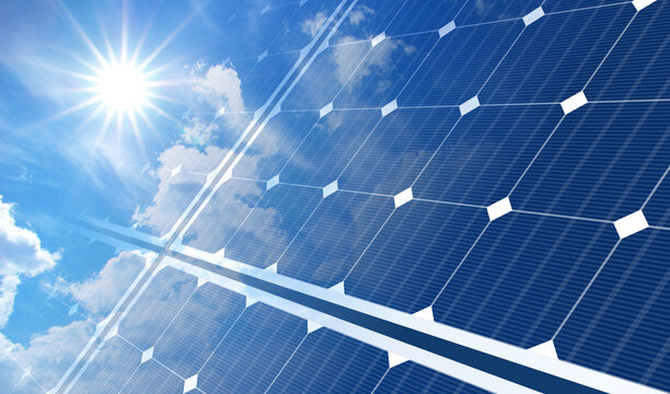 solar panels on blue sky and sun
