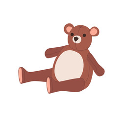 Fototapeta premium Sitting teddy bear vector flat illustration isolated on white background. Cute brown toy for little baby, boy or girl. Birthday or Christmas present for child concept. Teddy bear for kid.