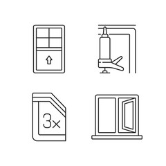 Residential window and door installation linear icons set. Single-hung windows. Ventilation control. Customizable thin line contour symbols. Isolated vector outline illustrations. Editable stroke