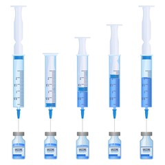 Realistic withdraw medication for a glass ampule step by step. Disposable syringe with a drug. Vaccination, prepare to injection, immunization, health care concept