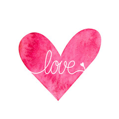 Watercolor heart shape with handwritten text love in middle of it, hand painted watercolor on paper