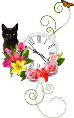 Bouquet of flowers, cat and time 