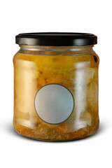 A glass jar with an eco-friendly stew of light meat on a white background, with a black lid and a small round label in the middle.