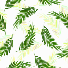 Seamless vector tropical pattern with green palm leaves.