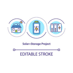 Solar and Storage Project concept icon. Clean energy idea thin line illustration. Energy Efficiency Optimization. Global warming. Vector isolated outline RGB color drawing. Editable stroke