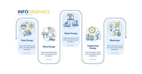 Sources of clean energy vector infographic template. Radiation and electric presentation design elements. Data visualization with 5 steps. Process timeline chart. Workflow layout with linear icons