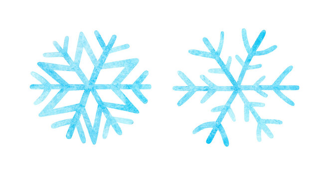 Set of light blue watercolor snowflakes. Objects isolated on a white background. A set of decorative elements of the clipart for design. A collection of artistic snowflakes with a watercolor texture.
