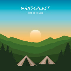 camping adventure in the wilderness tent in the forest at mountain landscape vector illustration EPS10