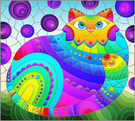 Fototapeta premium Illustration in stained glass style with abstract cute rainbow cat on a blue background