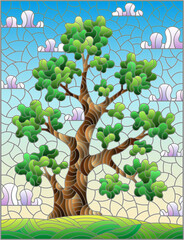 Illustration in the stained glass style with a green tree, against a background of a meadow and a blue cloudy sky, rectangular image