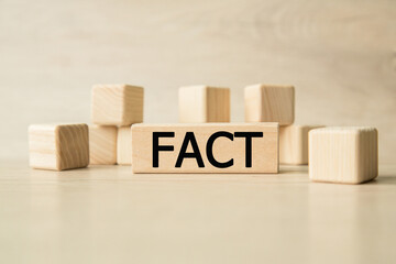 the word fact is written on a wooden cubes structure. Cube on a bright background. Can be used for business, MEDICINE, financial concept. Selective focus.