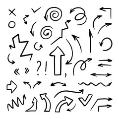 Set of hand drawn arrows. Stock vector illustration. Line outline elements in white background.