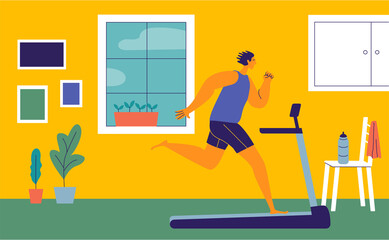 Man running barefoot at home on treadmill. Training concept. Flat design illustration.