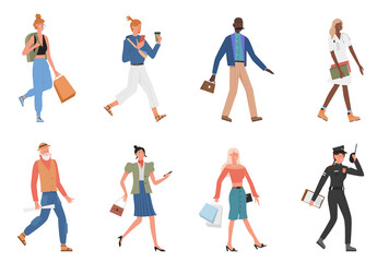 Fototapeta na wymiar People walk vector illustration set. Cartoon flat young and old man woman characters walking collection, girl with shopping bags, businessman and businesswoman, student doctor police isolated on white