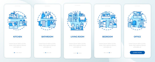 Decluttering areas onboarding mobile app page screen with concepts. Places in home to clean walkthrough 5 steps graphic instructions. UI vector template with RGB color illustrations