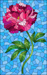 A set of illustrations in a stained glass style with bright peony flowers, isolated on a white background