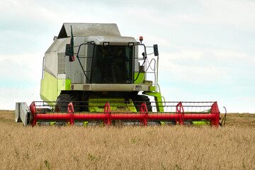 A combine harvester mows and threshes a wheat field. Selective focus.