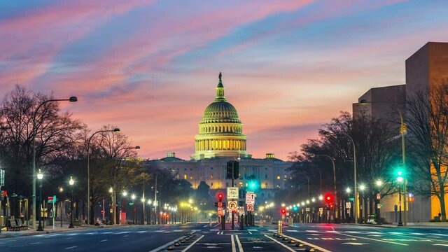 Timelapse of Pennsylvania Avenue and US Capitol at night, Washington DC, USA