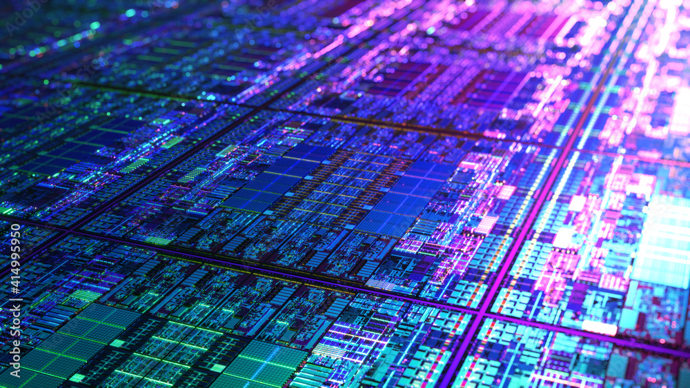 Poster futuristic die chip processor technology background. cpu, gpu, cmos microchip computer processors. a
