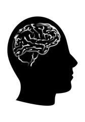 Icono de cabeza en negro con cerebro en trazo blanco. Cabeza pensante. Inteligencia humana.