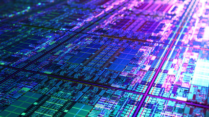 Futuristic die chip processor technology background. CPU, GPU, CMOS microchip Computer Processors. AI, Quantum computer, large data processing, datacenter. Silicon wafer process. 3D rendering - obrazy, fototapety, plakaty