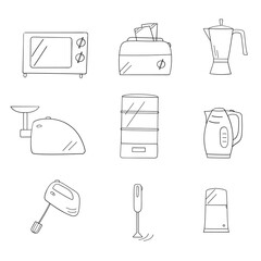 Kitchen electrical appliances icons set. Linear contours of instruments isolated on white background.
