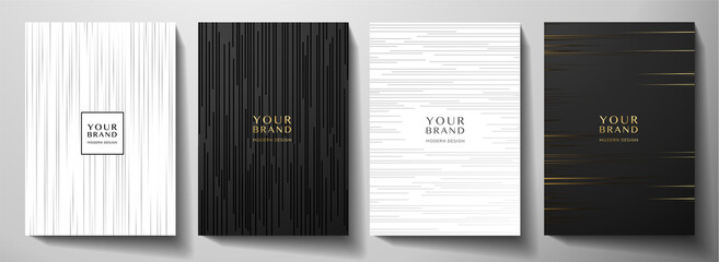 Modern black and white cover design set. Luxury creative dynamic diagonal line pattern. Formal premium vector background for business brochure, poster, notebook, menu template 