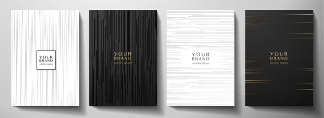 Deurstickers Modern black and white cover design set. Luxury creative dynamic diagonal line pattern. Formal premium vector background for business brochure, poster, notebook, menu template  © Shiny777