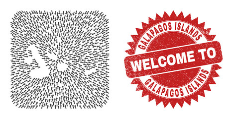 Vector mosaic Galapagos Islands map of moving arrows and scratched Welcome badge. Collage geographic Galapagos Islands map constructed as carved shape from rounded square shape with pointing arrows.