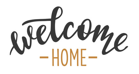 Fototapeta na wymiar Welcome home hand drawn lettering logo icon in trendy golden grey colors. Vector phrases elements for postcards, banners, posters, mug, scrapbooking, pillow case, phone cases and clothes design. 