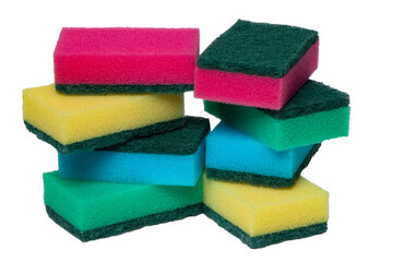 Closeup of a stack or heap of various colorful sponges or scouring pads isolated on a white background. Household chore concept. Top view. Macro.