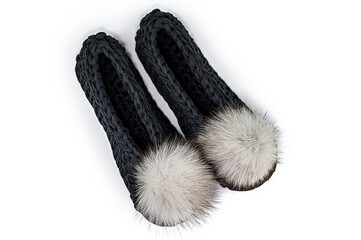 Black Crochet Slippers with White Pom poms