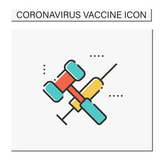 Vaccination law color icon. Stop mandatory vaccination. Judge gavel and syringe. Legal requirements of vaccine development. Pandemic fight, covid19 vaccine. Isolated vector illustration