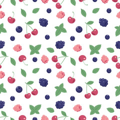 Seamless pattern with berries and mint leaves