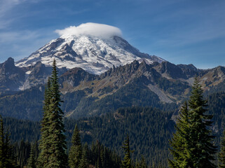 Fototapeta premium Mount Rainier in the summer from a Mount Rainier National Park trail