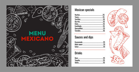 Menu mexicano design template. List of dishes and drinks, cover page with stylized outline graphic. Hand drawn vector sketch illustration