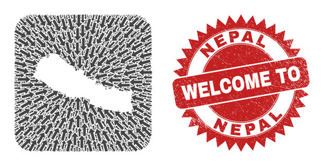 Vector mosaic Nepal map of delivery arrows and rubber Welcome badge. Mosaic geographic Nepal map created as stencil from rounded square shape with direction arrows.