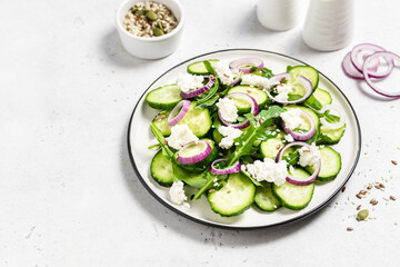 Spring vegan raw detox cucumber salad. Space for text.