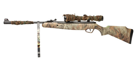 Camoflage air rifle gun with telescopic sights and a stand