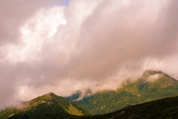 Magical overcast landscape of the Montenegrin ridge in the Carpathians, picturesque landscapes from...