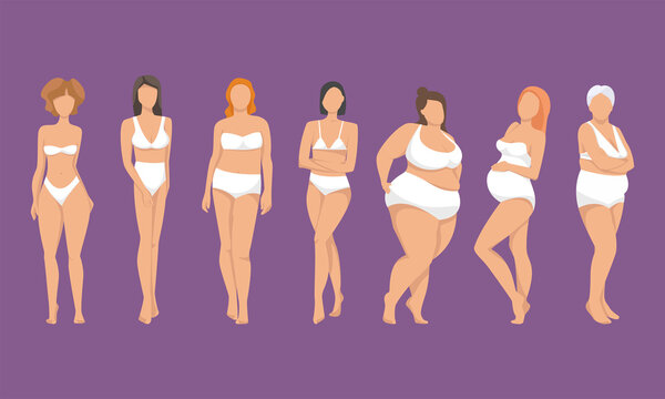 Different figures of women in underwear, positive body movement. Body types and sizes, wearing underwear standing in a row. lingerie designer for body positivity.