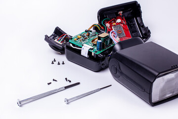 repair of the camera's on-camera flash. camera service center.