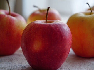 Fresh apples on the table close-up. Organic fruits.