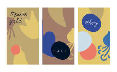 Modern abstract set of trendy sale stories web banners social media posts design elements. Organic shapes earthy yellow golden color. Quirky unique flower circle dots motif. Shop window poster banner 
