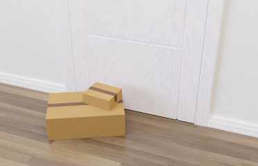 Online shopping packages on the floor in front of a door being delivered. 3d render